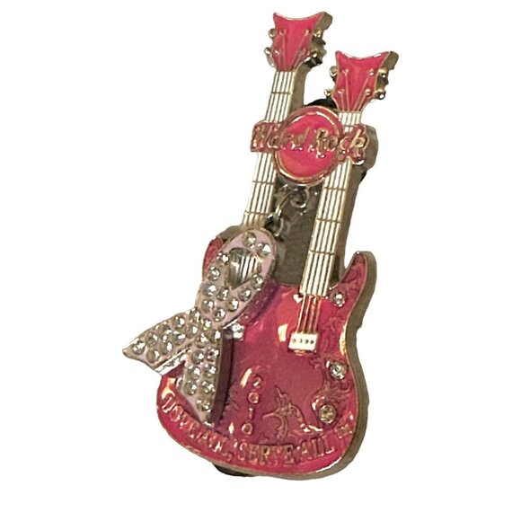 Hard Rock Cafe 2010 - Love All Serve All Breast Cancer - Pink Ribbon Guitar Pin - Picture 2 of 7